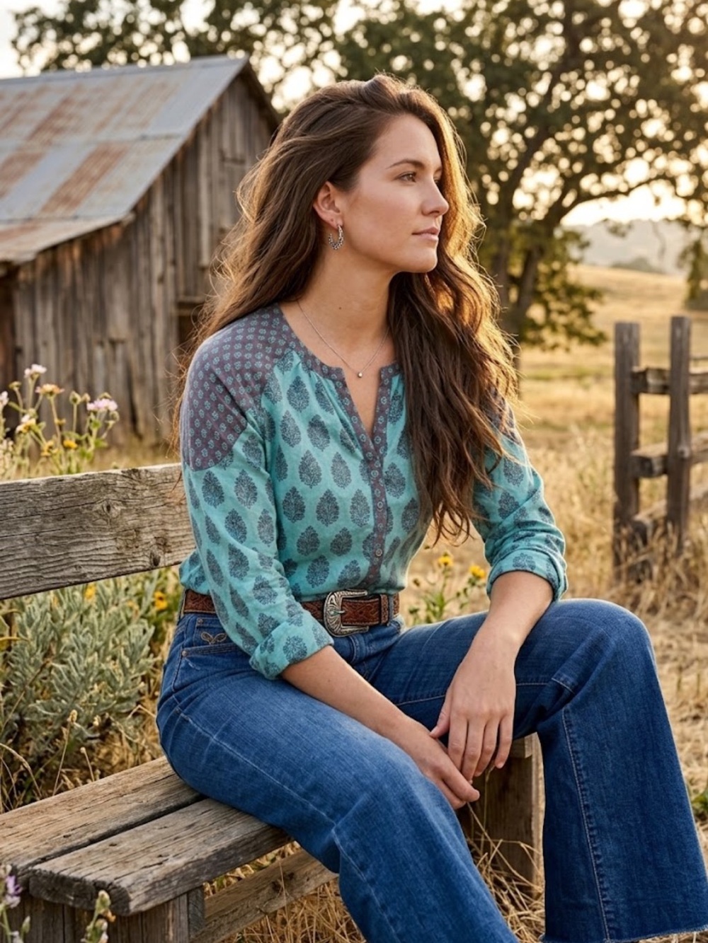 Sundance Mix Print Boho Long Sleeve Blouse Sz L Teal Brown Button Up Cottagecore